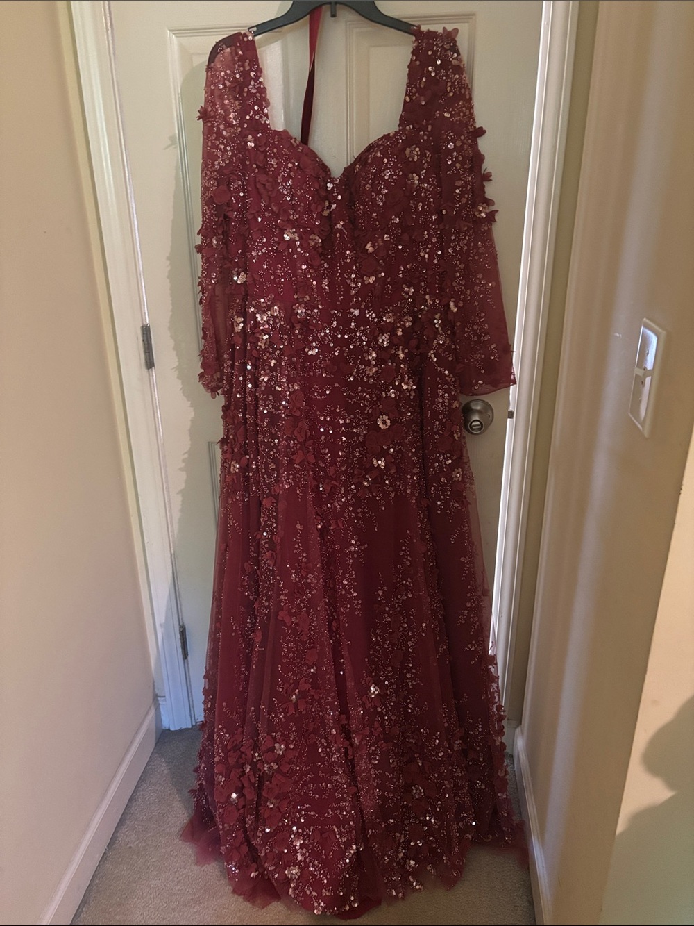 Women’s Burgundy Embellished Floral Tulle Dress